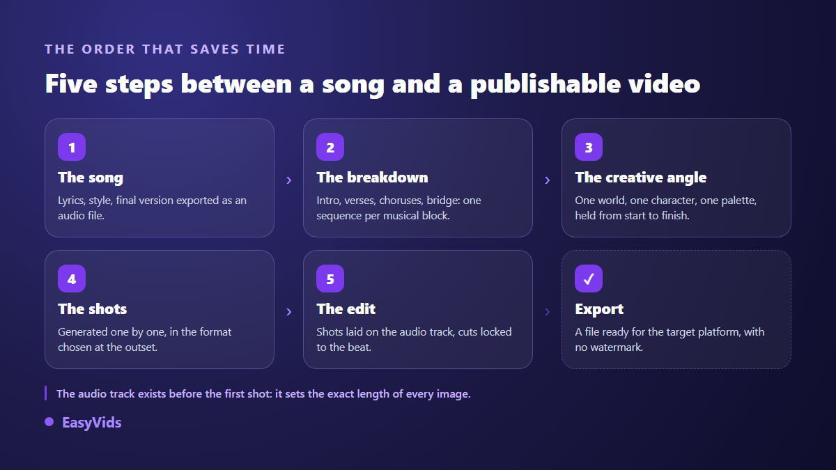 The five steps of an AI music video: song, structure, visual direction, generated shots and editing over the audio track