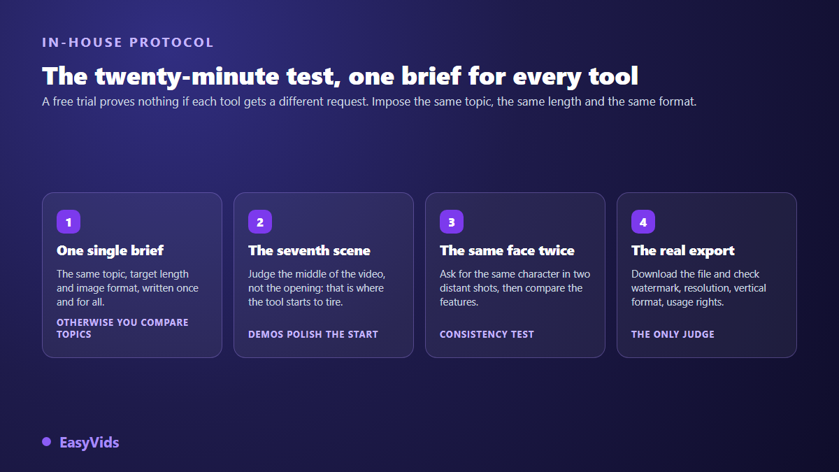 Four step protocol to compare AI video generators using the same brief