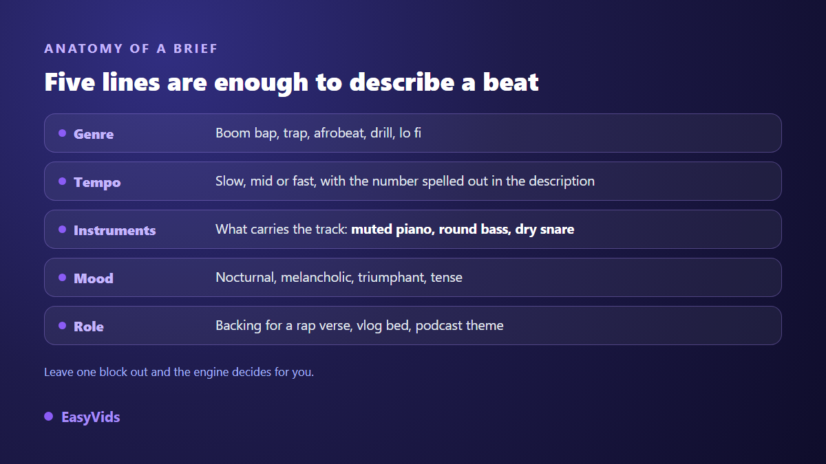 The five blocks of an AI beat brief: genre, tempo, instruments, mood and role of the track