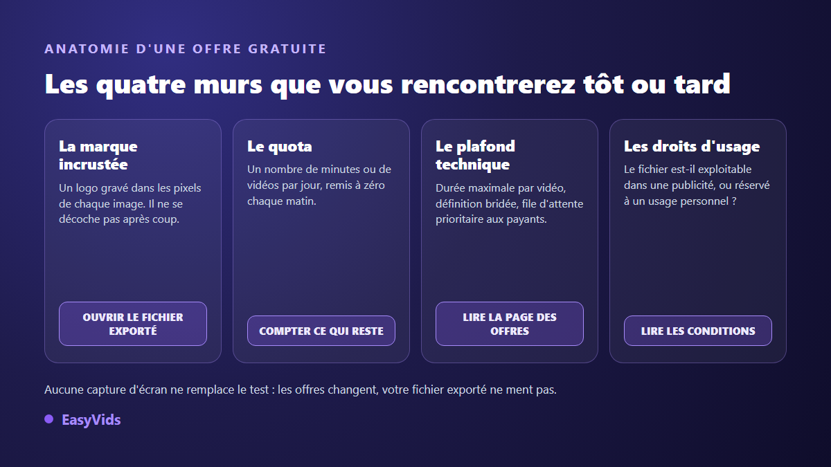 Les quatre limites d'une offre gratuite de générateur vidéo IA : filigrane incrusté, quota quotidien, plafond technique et droits d'usage