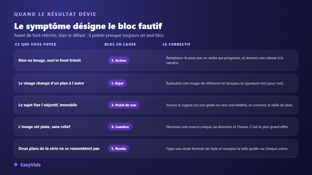 Tableau de diagnostic d'un prompt vidéo IA : le symptôme visible désigne le bloc à corriger