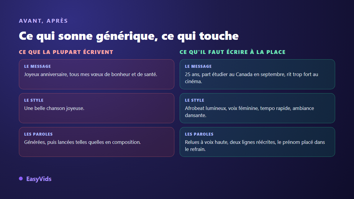 Comparaison entre un brief générique et un brief précis pour une chanson d'anniversaire avec prénom