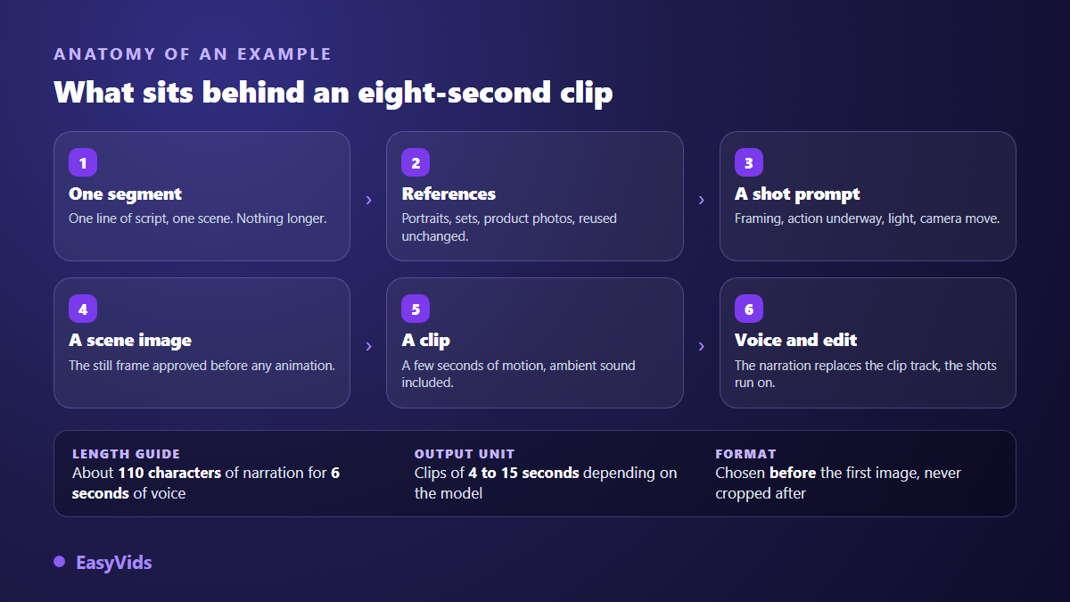 Anatomy of an AI video example: script segment, references, shot prompt, scene image, clip, voice and edit