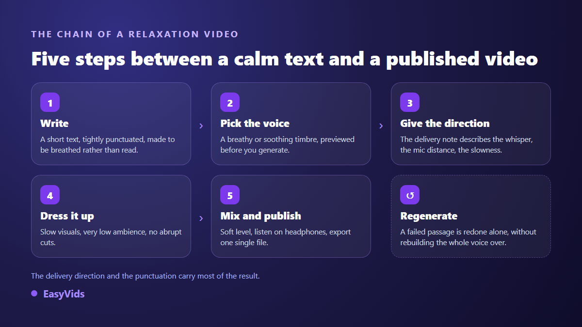 The five production steps of an ASMR video with an AI voice, from writing to mixing