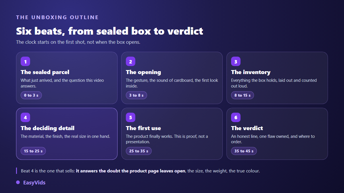 The six beats of an unboxing video script: sealed parcel, opening, inventory, detail, first use and verdict, with timings