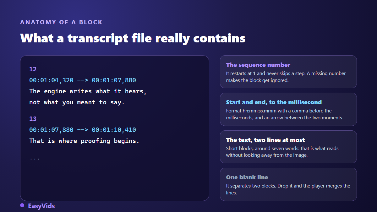 Anatomy of an SRT caption block: number, start and end timestamps, text on two lines maximum