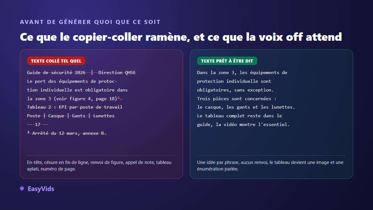 Texte extrait d'un PDF avant et après nettoyage : en-têtes, césures, notes et renvois retirés pour la voix off