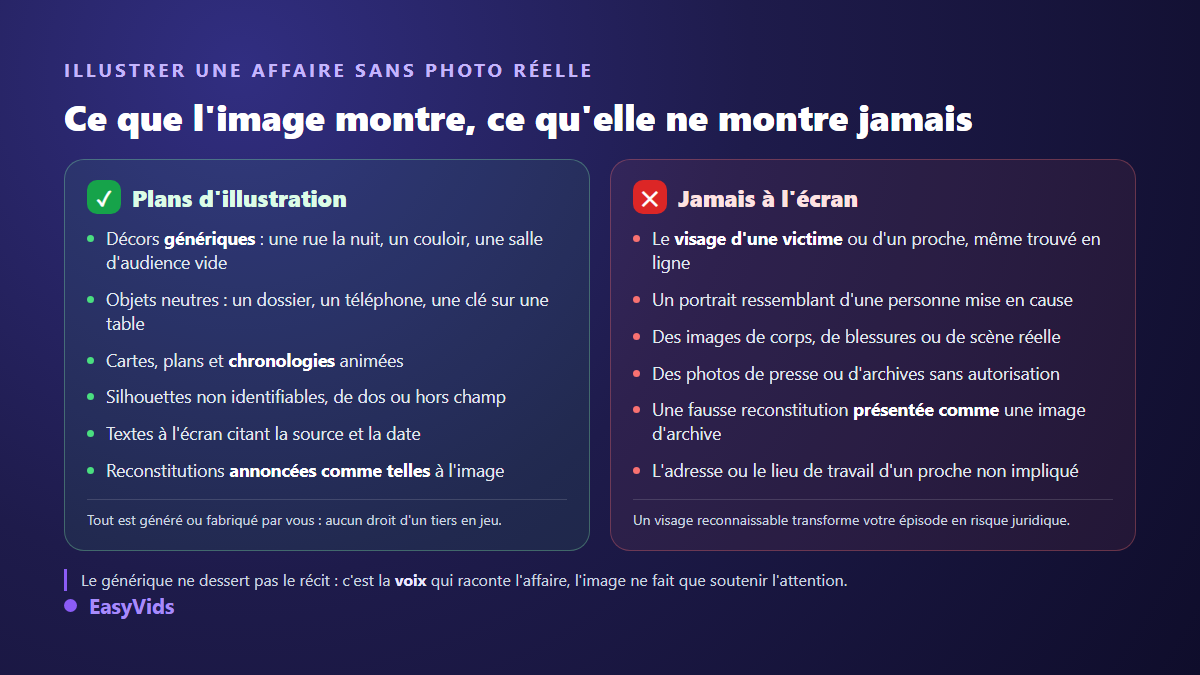 Grille des visuels autorisés et interdits pour illustrer une affaire criminelle sur une chaîne sans visage