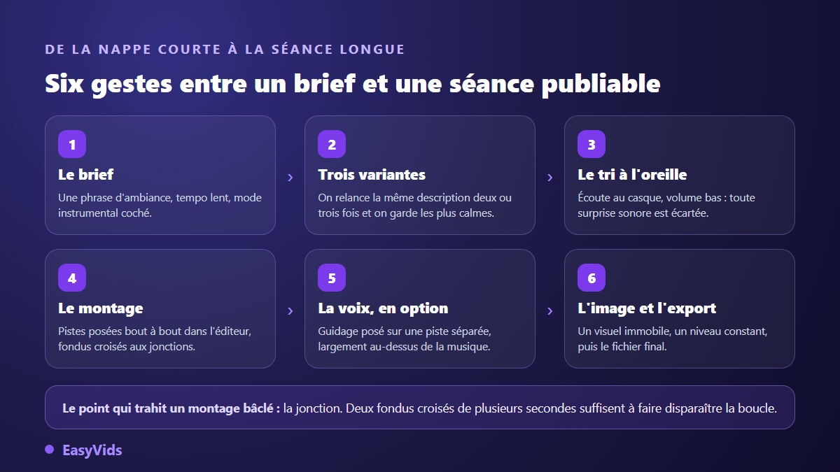 Chaîne de production d'une séance de méditation : brief, variantes, tri à l'oreille, montage, voix optionnelle et export