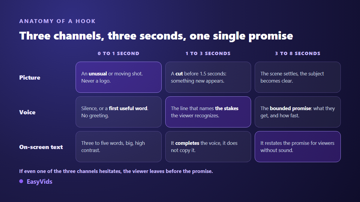 Anatomy of the first three seconds of a video: first frame, first line and promise, with what each channel must deliver