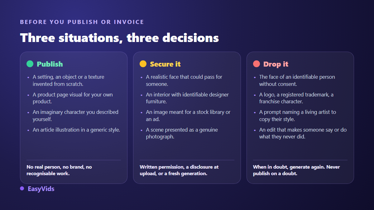 Decision grid to publish, secure or discard an AI generated image depending on the rights involved