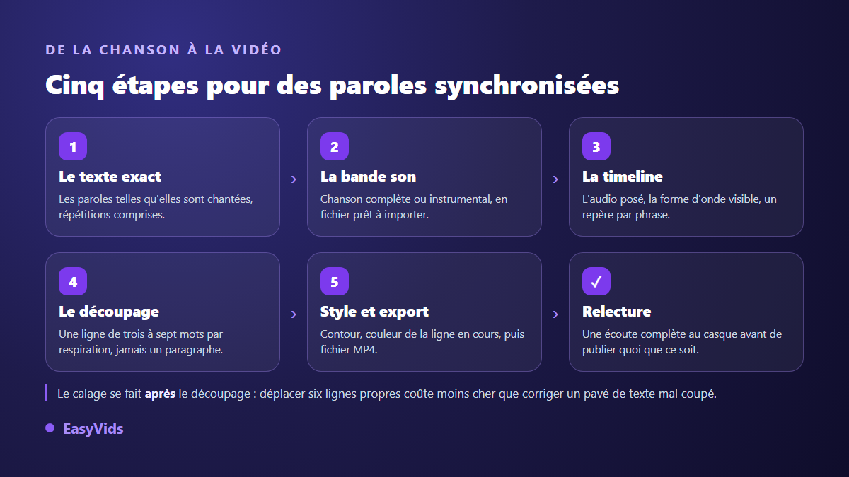 Les cinq étapes d'une vidéo karaoké : texte exact des paroles, bande son, timeline, découpage en lignes, style et export