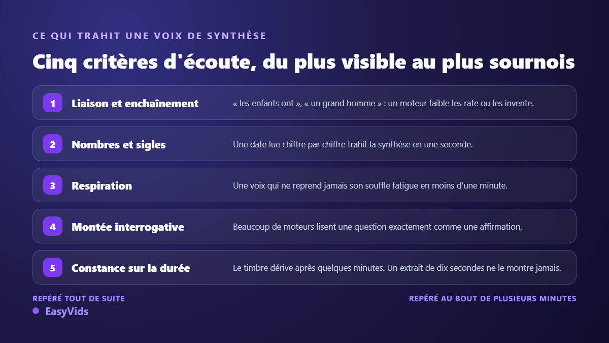 Les cinq critères d'écoute d'une voix off IA en français : liaison, nombres et sigles, respiration, intonation des questions, constance sur la durée