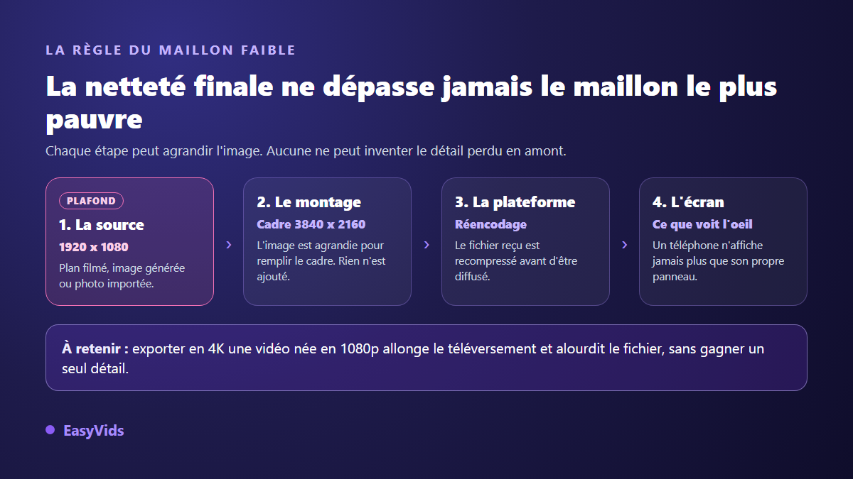 Chaîne d'une vidéo de la source à l'écran : une source en 1920 x 1080 plafonne la netteté même si le montage est exporté en 3840 x 2160