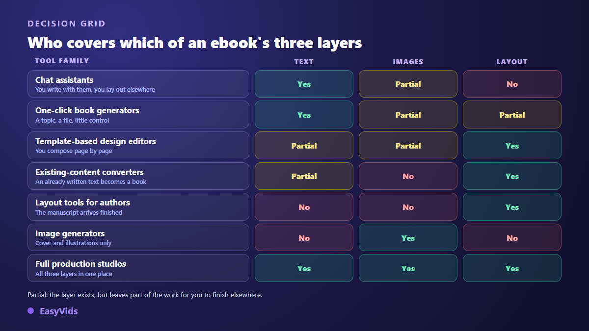 Comparison grid of AI ebook generators: coverage of text, images and layout by family of tools