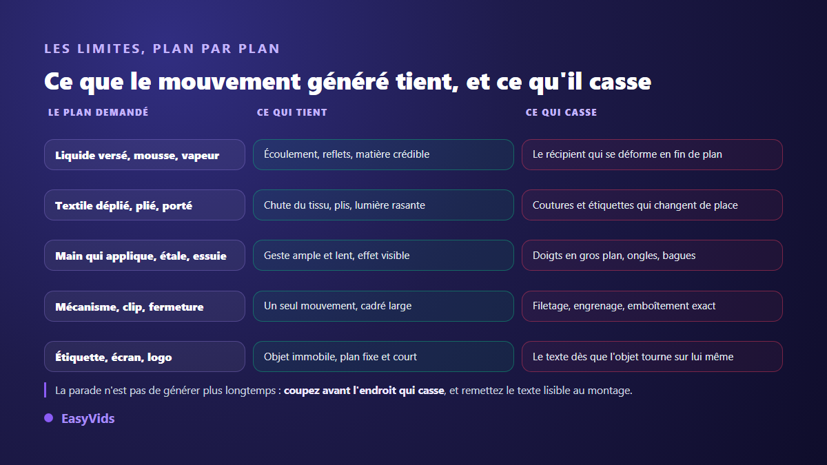 Ce que les modèles vidéo réussissent et ce qu'ils déforment sur une démonstration produit : liquides, textiles, mains, mécanismes, étiquettes