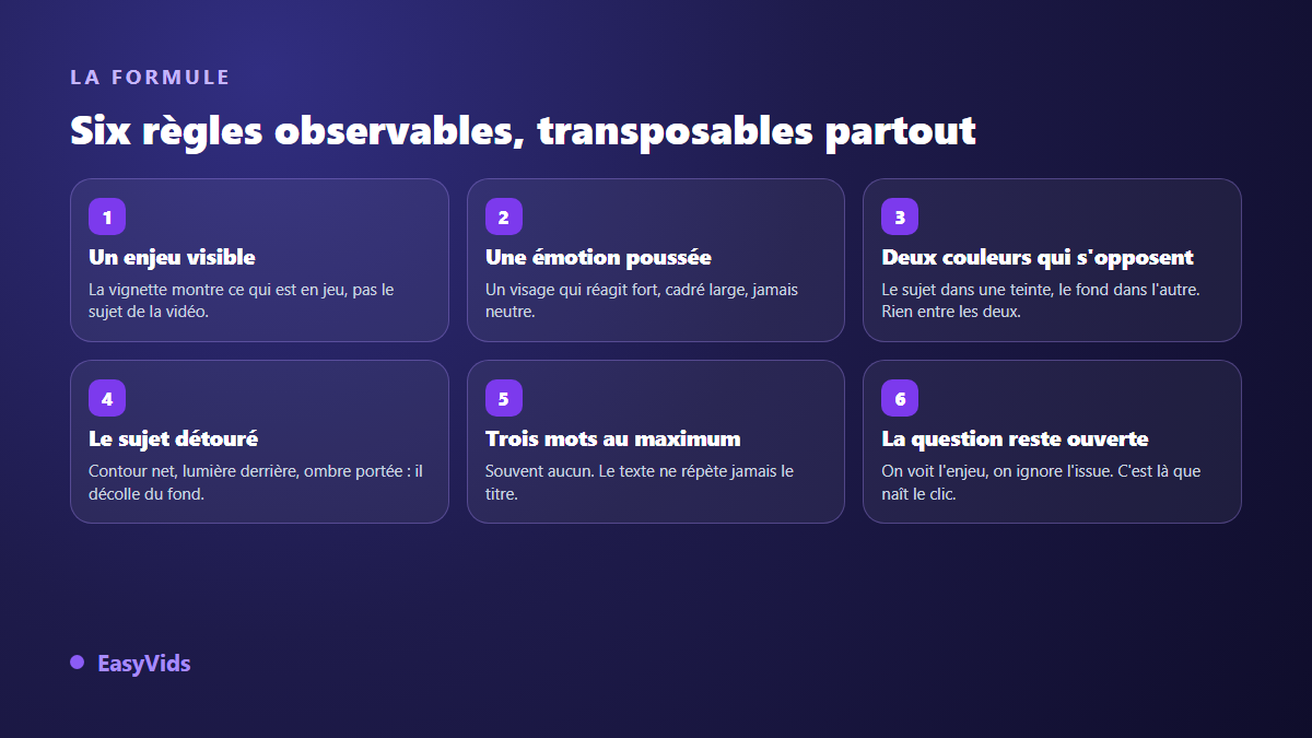 Les six règles d'une miniature YouTube virale : enjeu visible, émotion poussée, couleurs opposées, sujet détouré, texte très court, question ouverte