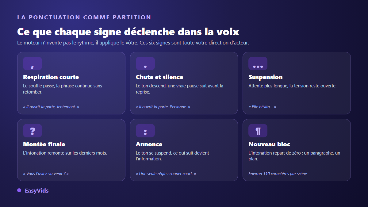 Tableau des signes de ponctuation et de l'effet que chacun produit sur une voix off IA