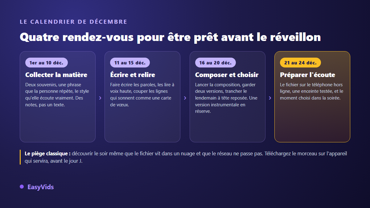 Calendrier de préparation d'une chanson de Noël personnalisée, du 1er au 24 décembre en quatre étapes