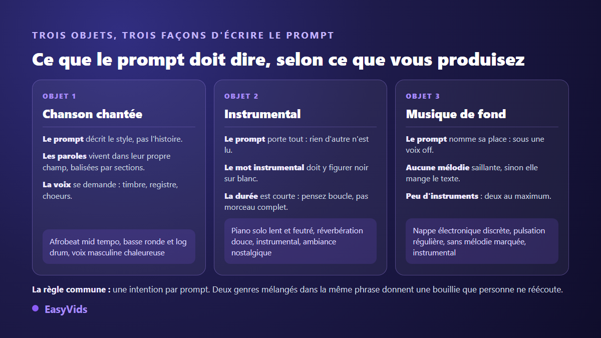 Trois façons d'écrire un prompt de musique IA selon l'objet produit : chanson chantée, instrumental ou musique de fond