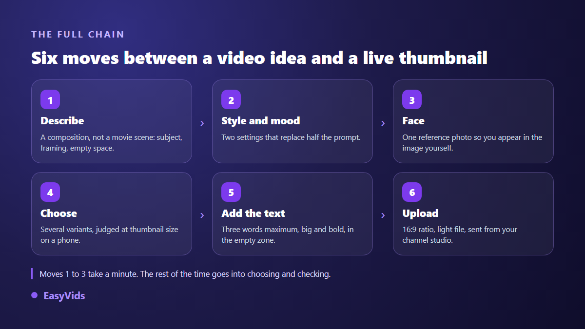 The six steps to create a YouTube thumbnail with AI: describe, set style, add a face, choose, add text, upload