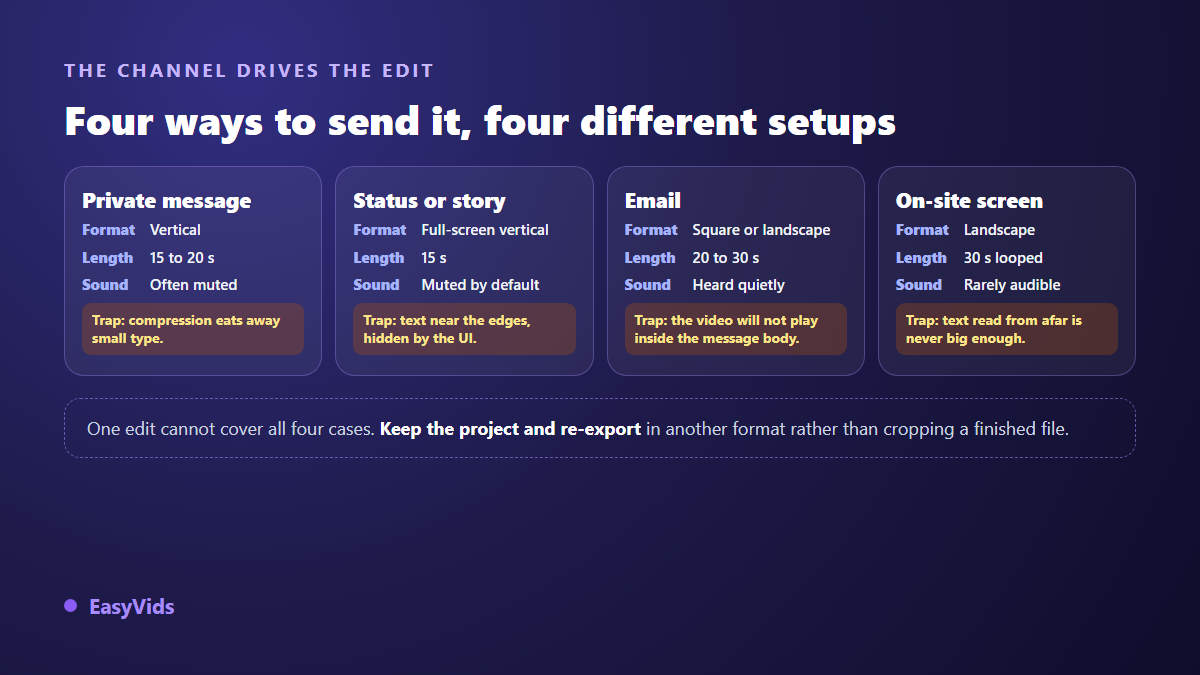 Decision grid for a video invitation: aspect ratio, length and sound constraint by channel