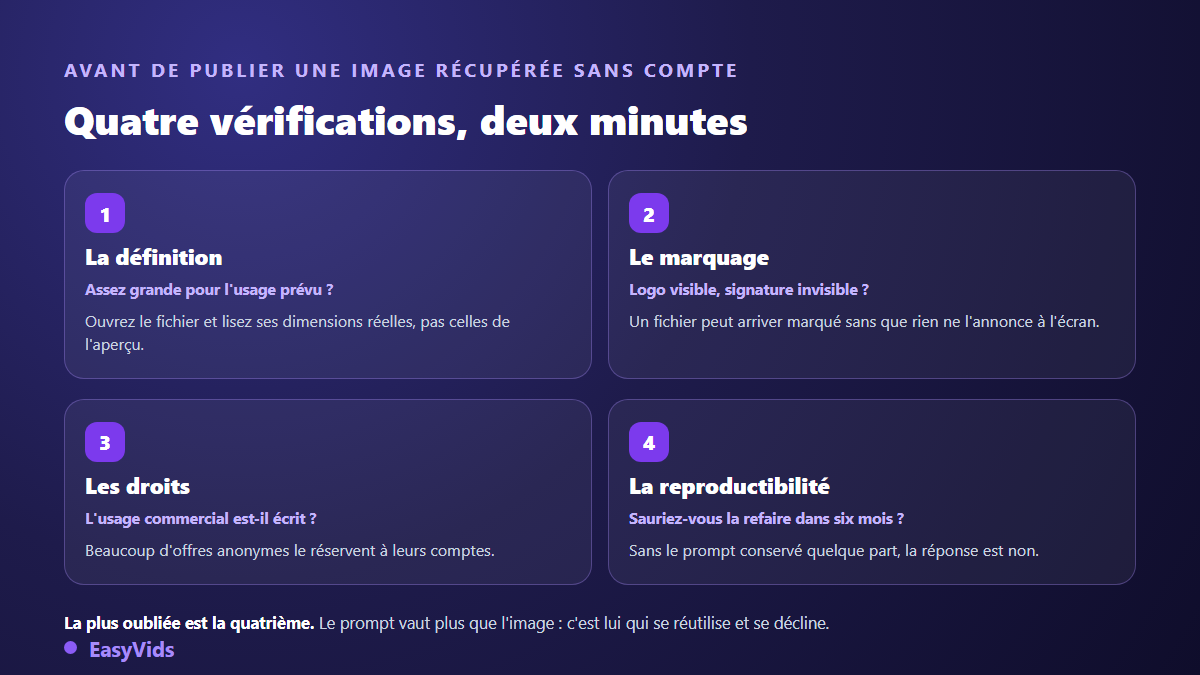 Quatre vérifications avant de publier une image IA récupérée sans compte : définition, marquage, droits commerciaux et reproductibilité