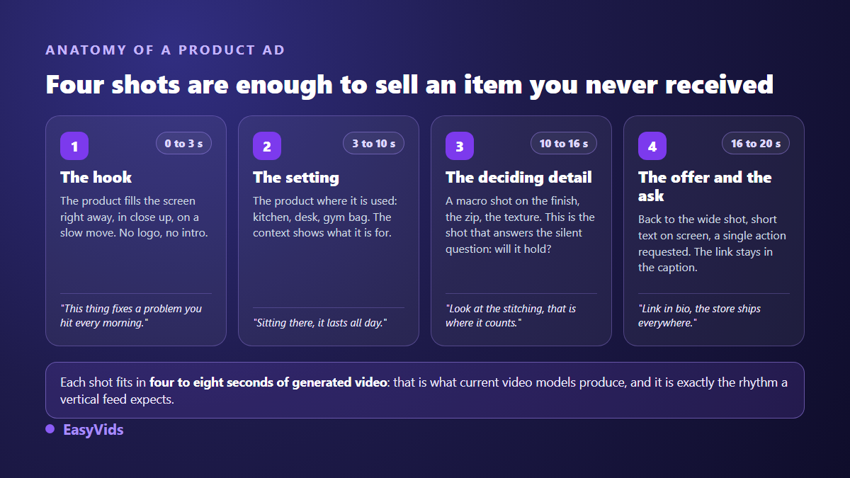 Anatomy of a dropshipping product ad: hook, use in context, detail shot and call to action, with the duration of each shot