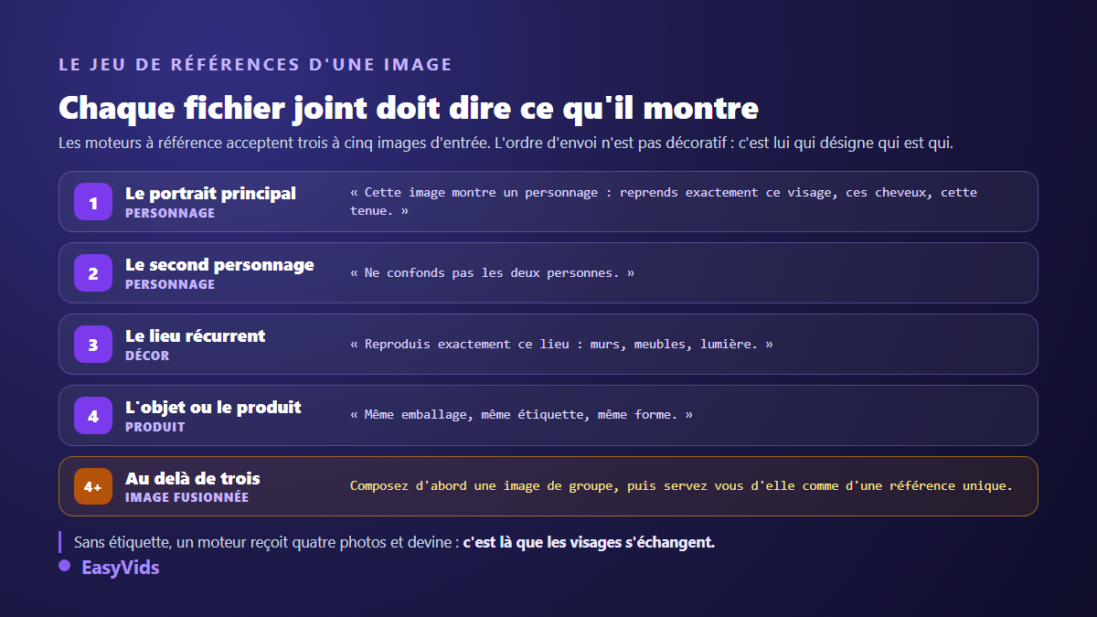 Le jeu d'images de référence d'une génération : personnage, second personnage, décor, produit et image fusionnée au delà de trois références