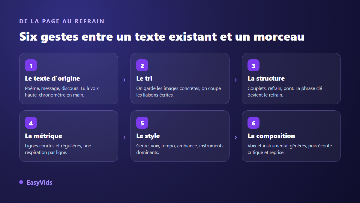 Les six étapes pour transformer un texte en chanson : texte d'origine, tri, structure, métrique, style, composition
