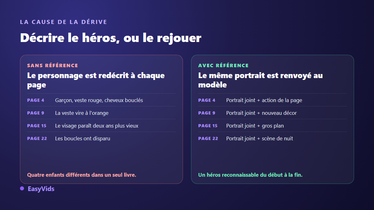 Comparaison entre un héros de livre pour enfants redécrit à chaque page et le même héros généré à partir d'un portrait de référence