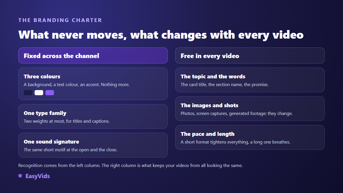 Branding rules for video: the three fixed constants of the channel next to the elements that change on every video