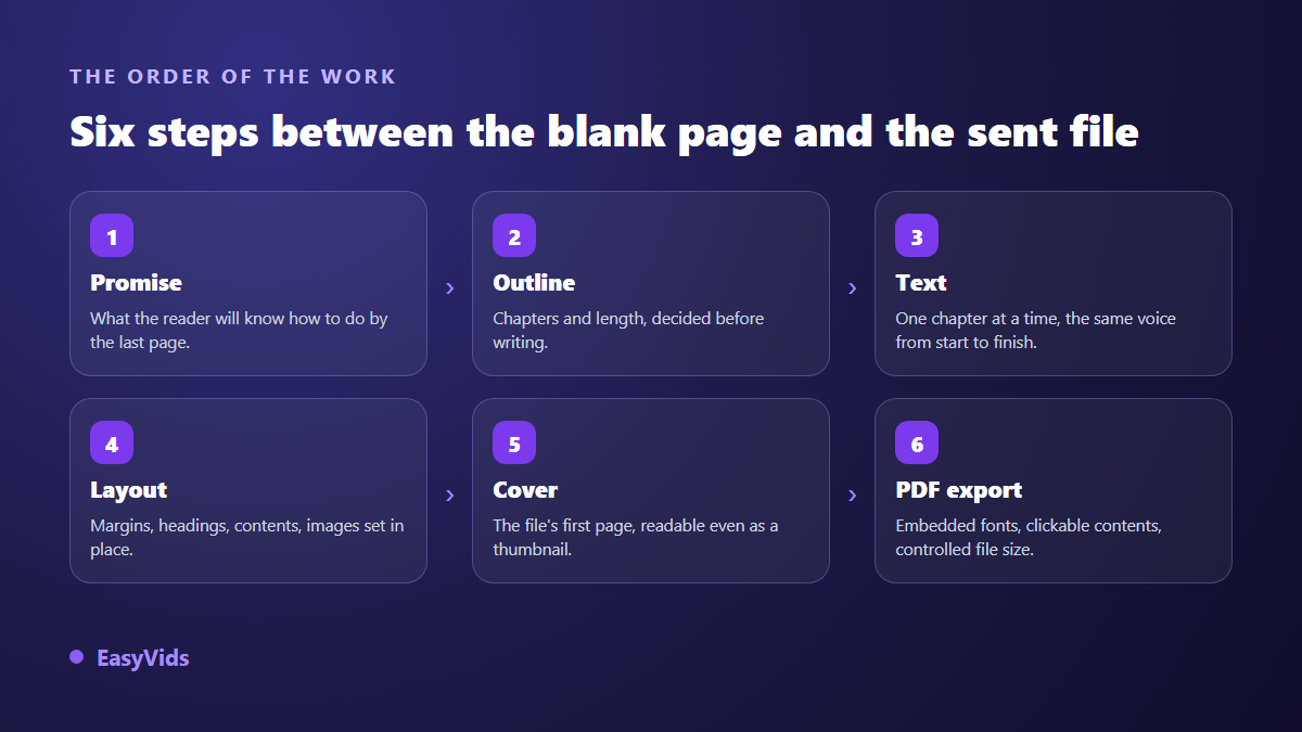 The six steps to create an ebook PDF: promise, outline, text, layout, cover and export