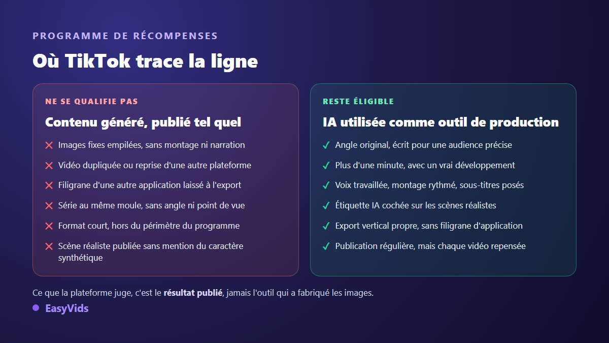 Comparaison entre un contenu généré par IA publié tel quel, non éligible aux récompenses TikTok, et une vidéo IA travaillée qui reste monétisable