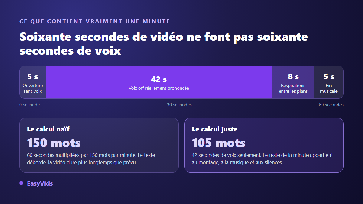 Décomposition d'une minute de vidéo montée : ouverture sans voix, voix off prononcée, respirations entre les plans et fin musicale