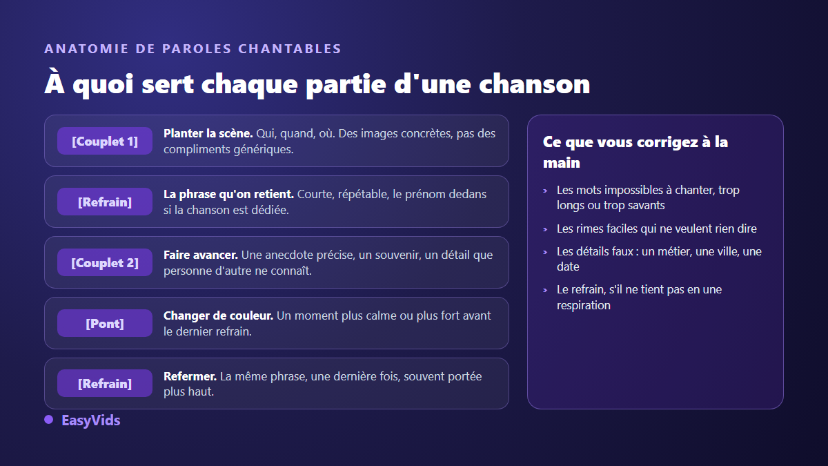 Anatomie des paroles d'une chanson IA : rôle du couplet, du refrain et du pont, et ce qu'il faut corriger à la main