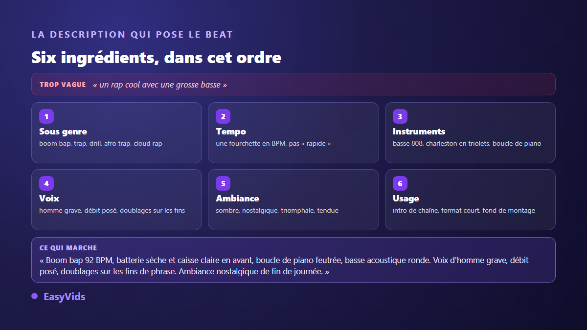 Anatomie d'une description de rap IA en six ingrédients : sous genre, tempo, instruments, voix, ambiance et usage