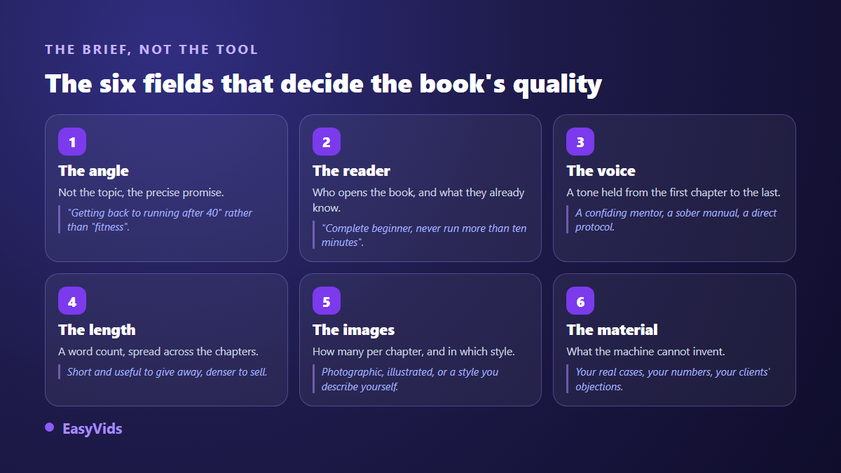 Anatomy of an AI ebook brief: angle, reader, author voice, length, images and personal material