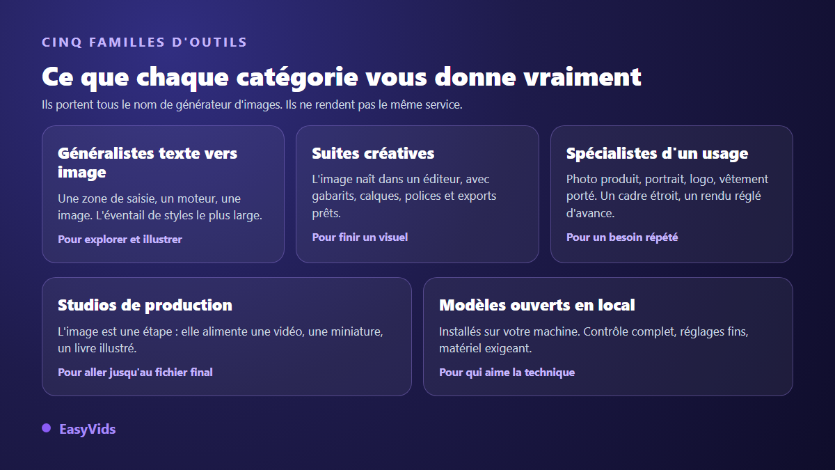 Les cinq familles de générateurs d'images IA : généralistes texte vers image, suites créatives, spécialistes d'un usage, studios de production, modèles ouverts en local
