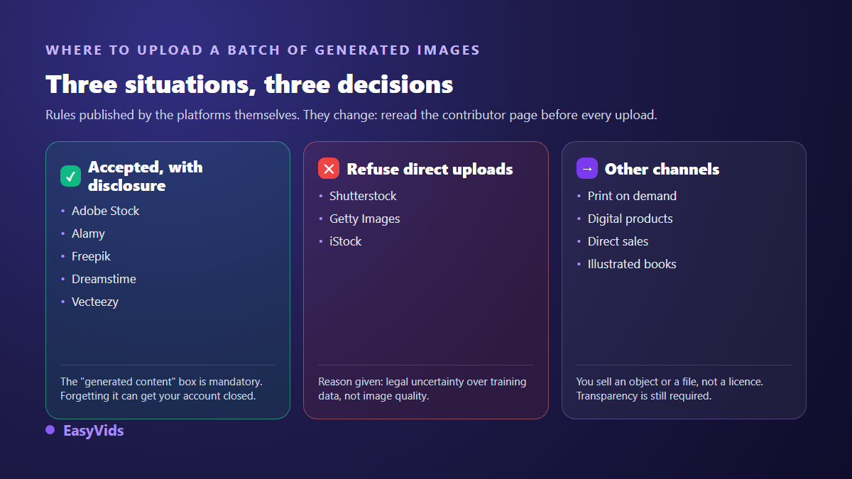Grid of stock libraries that accept or refuse AI-generated images, with their disclosure conditions