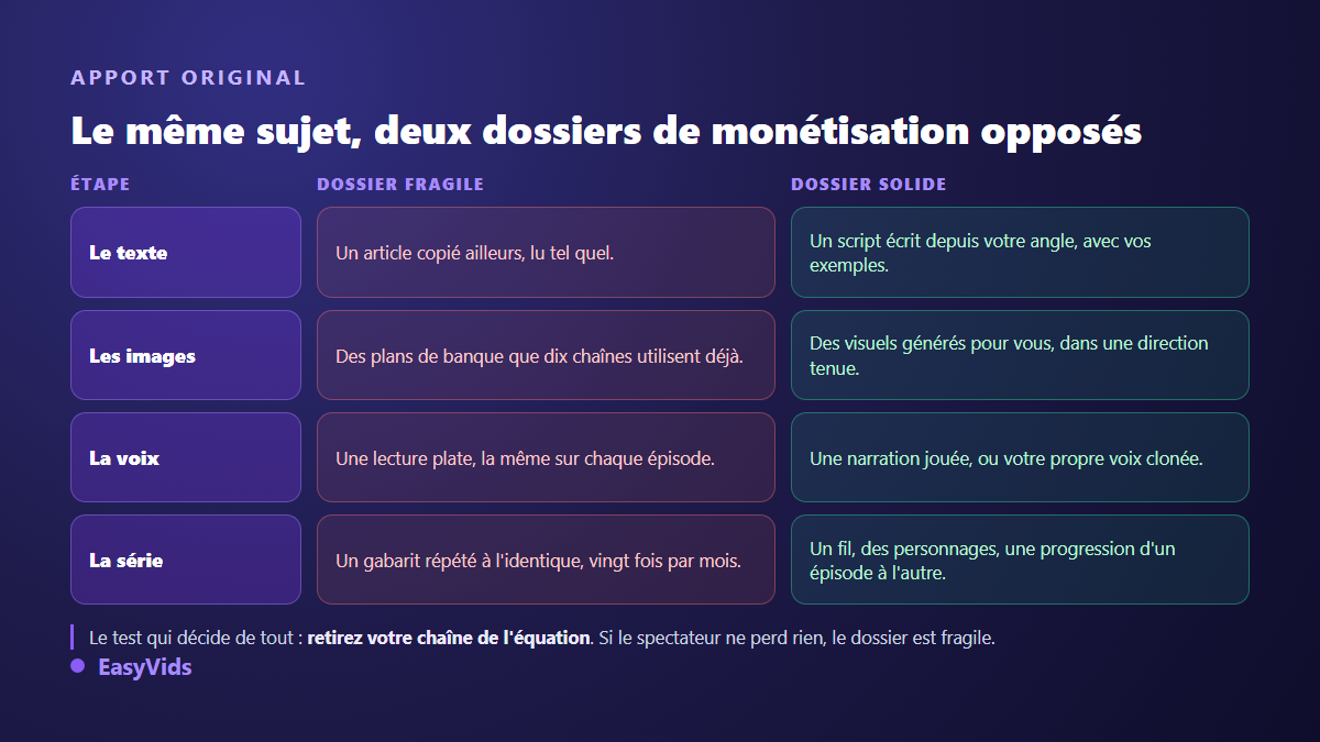 Comparaison entre un dossier de monétisation fragile et un dossier solide sur le texte, les images, la voix et la série