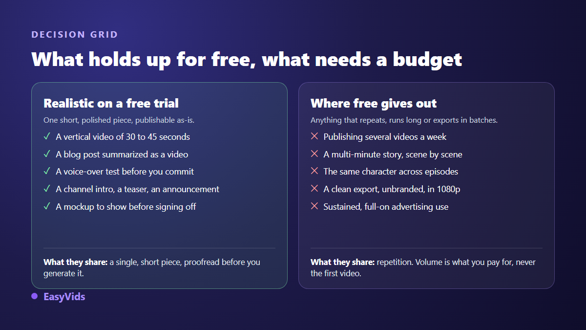 Decision grid between what a free text to video trial covers and what requires a paid plan