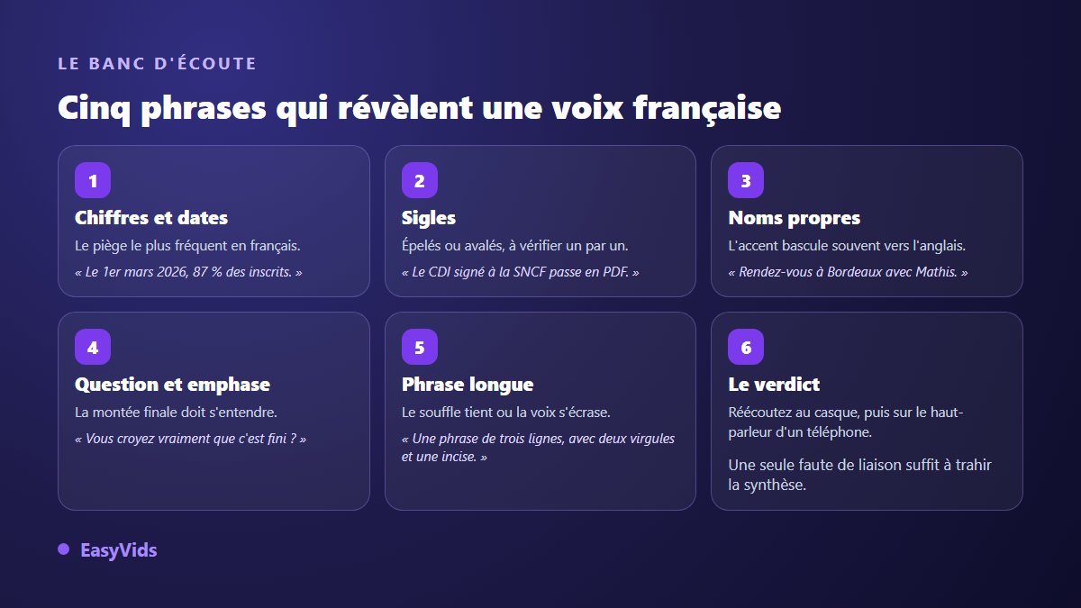 Banc d'écoute d'une voix off IA en français : chiffres, sigles, noms propres, question, phrase longue et verdict
