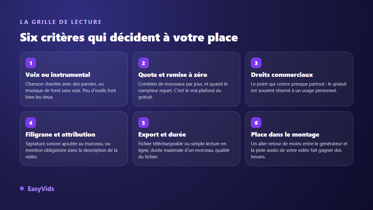 Six critères pour comparer un générateur de musique IA gratuit : voix, quota, droits commerciaux, filigrane, export et montage