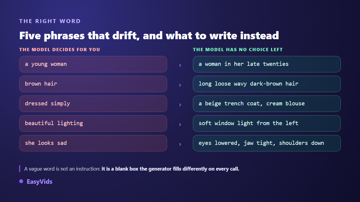 Five vague phrasings in an AI character prompt replaced by precise English descriptions