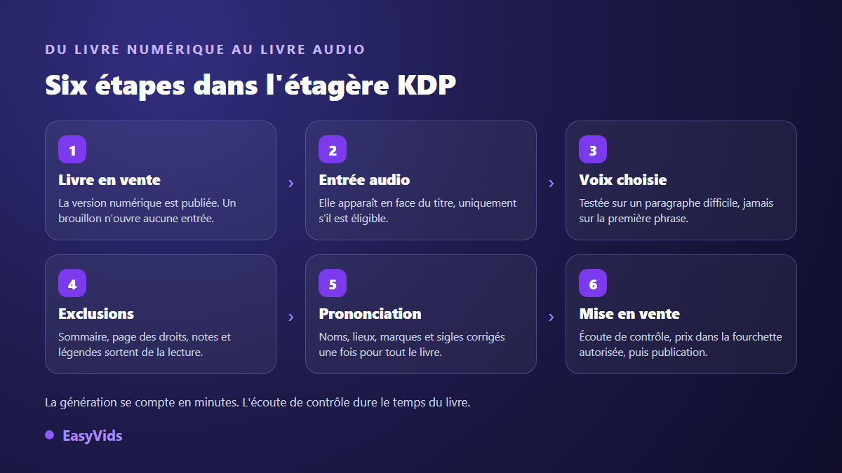 Les six étapes pour publier un livre audio sur Amazon avec une voix IA, du livre numérique publié à la mise en vente de la version audio