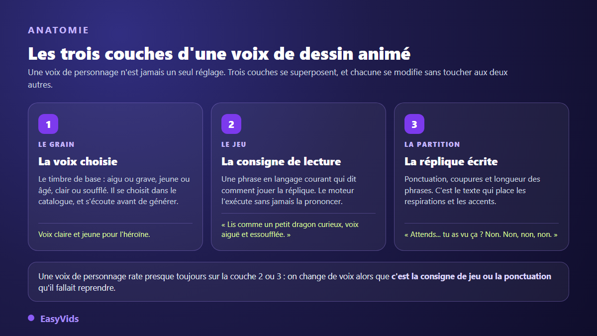 Les trois couches d'une voix de dessin animé IA : le timbre choisi, la consigne de jeu et la ponctuation de la réplique