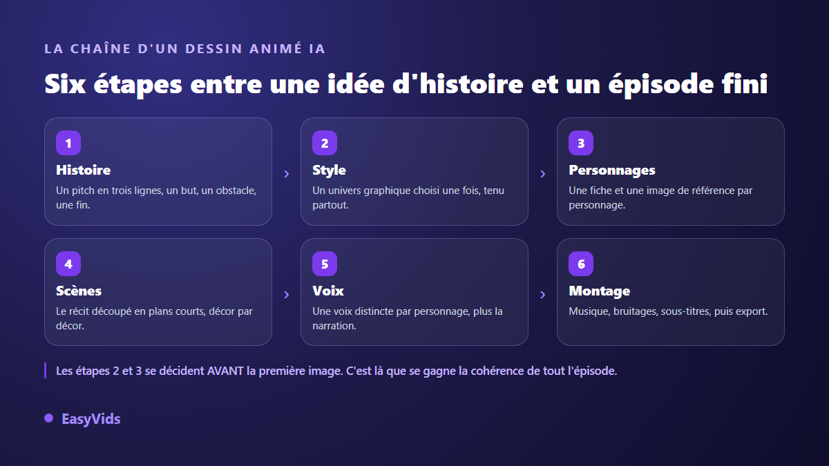 Les six étapes de production d'un dessin animé IA : histoire, style graphique, personnages, scènes, voix et montage