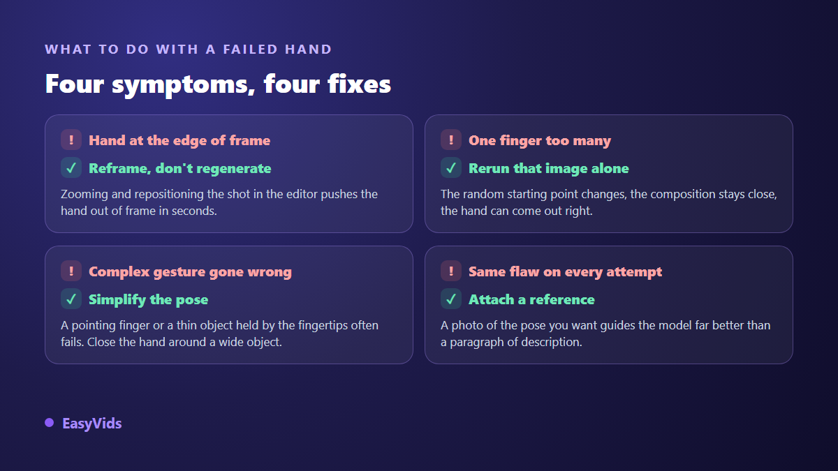 Decision grid for fixing bad AI hands: reframe, rerun the single image, simplify the pose or attach a reference