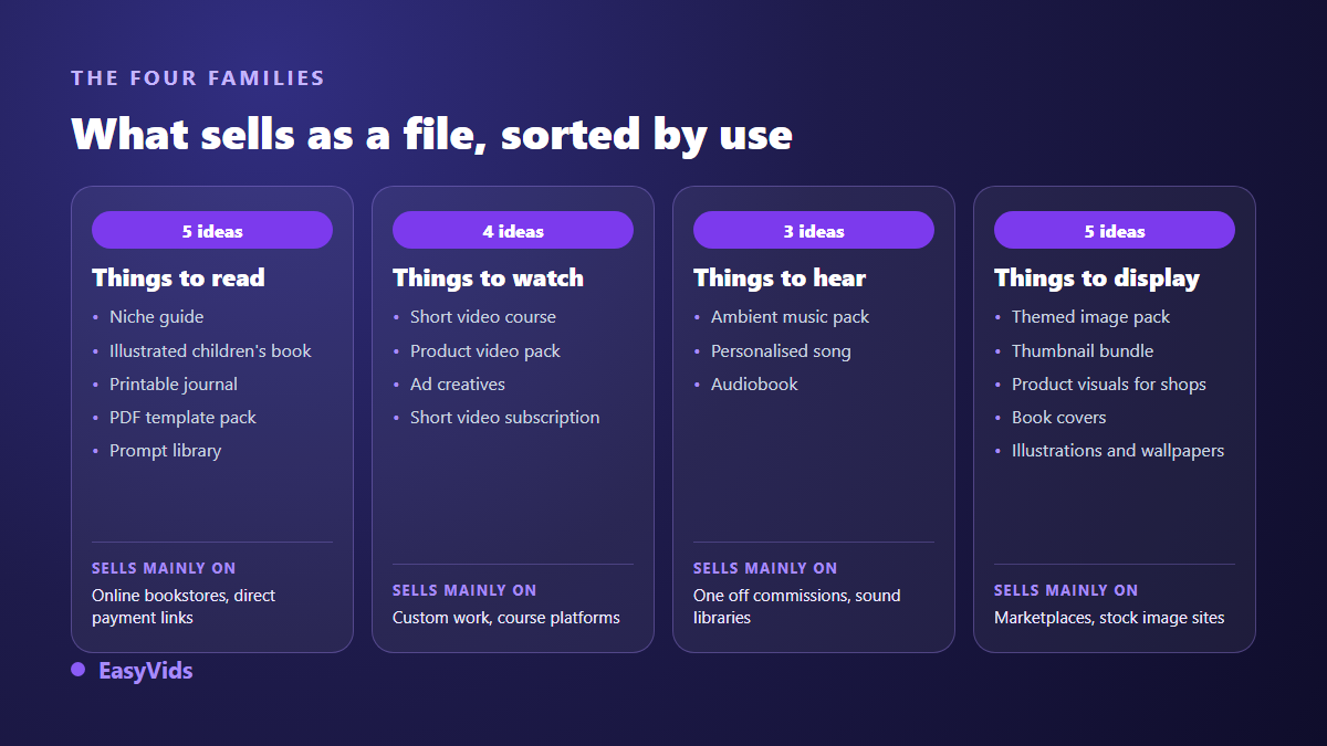 Four families of AI digital products: things to read, watch, listen to and display, each with its sales channel
